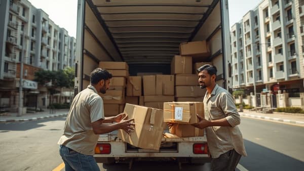 Ahmedabad moving day: two movers unloading taped cartons from a truck outside apartment blocks