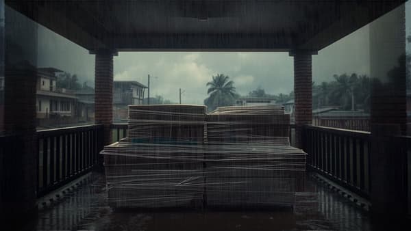 Cartons wrapped in plastic under a covered porch during heavy monsoon rain in Bhubaneswar