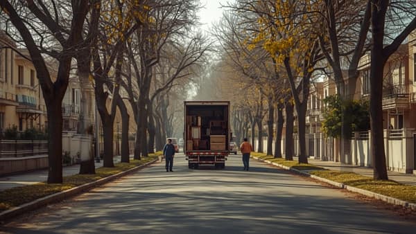 Moving truck parked on a tree-lined residential sector road in Chandigarh
