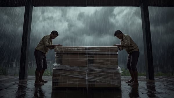 Two movers wrapping stacked cartons in plastic under a shed during heavy rain