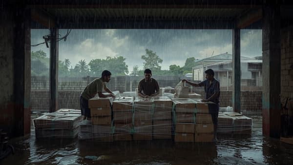 Movers packing and sealing cartons under a shed with palm trees and rain outside