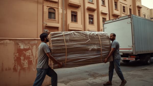 Movers carrying a wrapped sofa along a street to a waiting truck