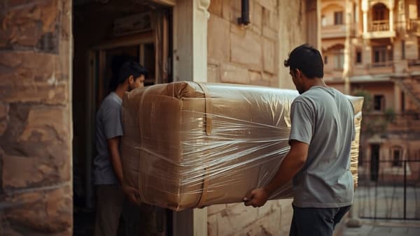 Movers carrying a wrapped sofa out through the doorway of a home