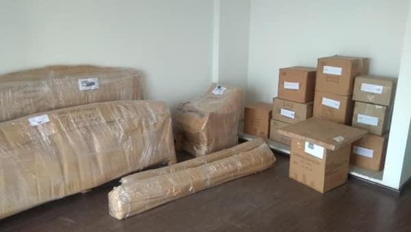 Household goods wrapped and boxed, ready for loading