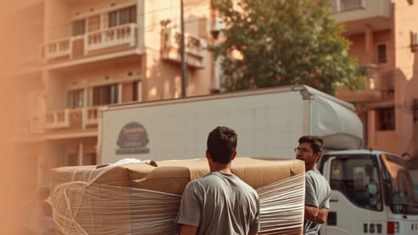 Movers carrying a wrapped sofa to a truck on a sunny pink-toned street in Jaipur
