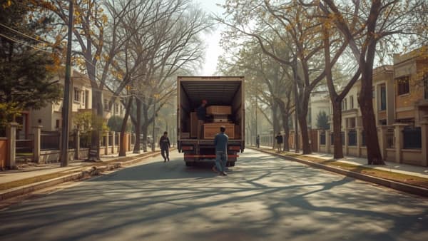 Moving truck on a tree-lined road outside family houses on a hazy morning