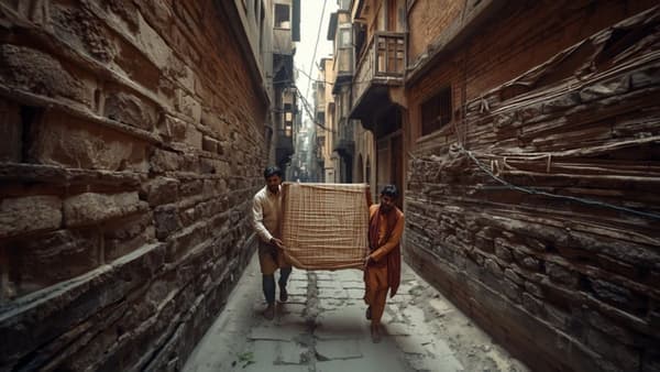 Two movers carrying a crated item through a narrow lane between old buildings