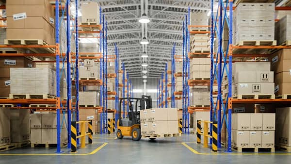 Forklift moving goods between warehouse racks