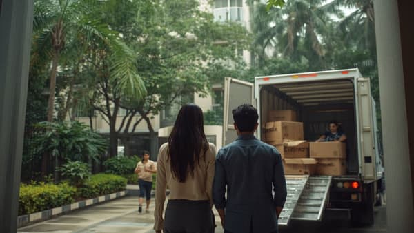 Couple watching movers unload cartons from a truck inside a green housing society