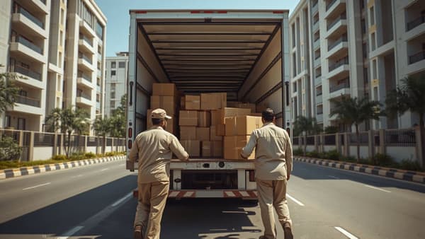 Movers loading packed cartons into the back of a truck outside a residential complex