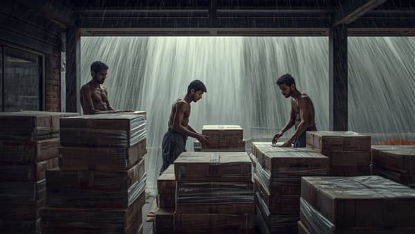 Movers packing cartons under a covered area while monsoon rain pours outside