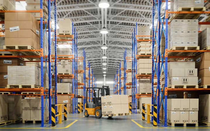 Racked warehouse storage with a forklift moving goods